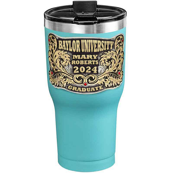 A customized tumbler made of stainless steel with a personalized engraved name and Baylor University lettering, 30 oz, ideal for coffee or cool drinks